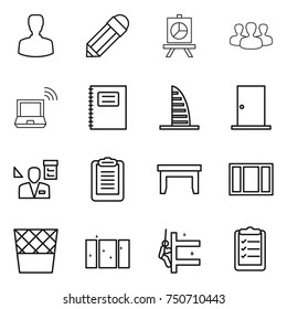 thin line icon set : man, pencil, presentation, group, notebook wireless, copybook, skyscraper, door, architector, clipboard, table, window, trash bin, clean, skyscrapers cleaning, list