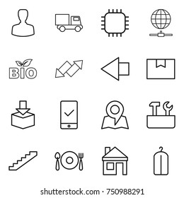 thin line icon set : man, truck, chip, globe connect, bio, up down arrow, left, package box, mobile checking, map, repair tools, stairs, fork spoon plate, house, dry wash