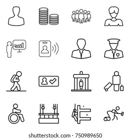 thin line icon set : man, coin stack, team, woman, presentation, pass card, client, security, tourist, check in, detector, passenger, invalid, skysrcapers cleaning, skyscrapers, vacuum cleaner