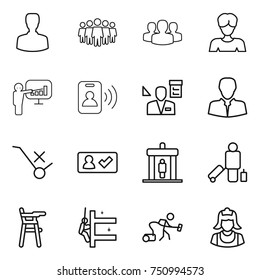 thin line icon set : man, team, group, woman, presentation, pass card, architector, client, do not trolley sign, check in, detector, passenger, Chair for babies, skyscrapers cleaning, vacuum cleaner