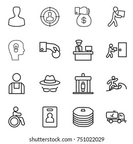 thin line icon set : man, target audience, money gift, courier, bulb head, hand coin, customs control, delivery, workman, confidential, detector, surfer, invalid, identity card, pancakes