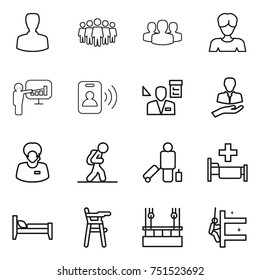 thin line icon set : man, team, group, woman, presentation, pass card, architector, client, support manager, tourist, passenger, hospital, bed, Chair for babies, skysrcapers cleaning, skyscrapers