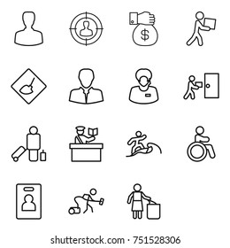 thin line icon set : man, target audience, money gift, courier, under construction, client, support manager, delivery, passenger, inspector, surfer, invalid, identity card, vacuum cleaner