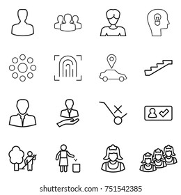 thin line icon set : man, group, woman, bulb head, round around, fingerprint, car pointer, stairs, client, do not trolley sign, check in, garden cleaning, garbage bin, cleaner, outsource