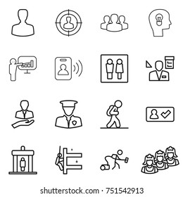 thin line icon set : man, target audience, group, bulb head, presentation, pass card, wc, architector, client, security, tourist, check in, detector, skyscrapers cleaning, vacuum cleaner, outsource