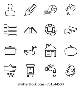 thin line icon set : man, marker, diagram, table lamp, list, pyramid, delivery, surveillance, pan, goose, house, pumpkin, sow, hive, water tap, microb