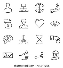 thin line icon set : man, hierarchy, dollar, investment, money gift, woman, heart, eye, brain, virus, dna, hand coin, check in, drop, and, housing