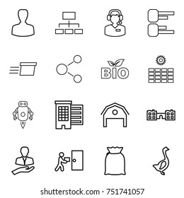 thin line icon set : man, hierarchy, call center, diagram, delivery, molecule, bio, sun power, jet robot, houses, barn, school, client, courier, flour, goose