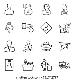 thin line icon set : man, money gift, call center, hoverboard, jet robot, hand coin, under construction, architector, client, confidential, deltaplane, identity card, reception, garbage bin