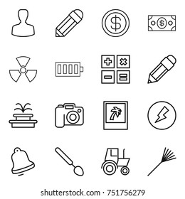 thin line icon set : man, pencil, dollar, money, nuclear, battery, calculator, fountain, camera, photo, electricity, bell, big spoon, tractor, rake