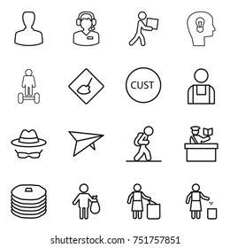 thin line icon set : man, call center, courier, bulb head, hoverboard, under construction, customs, workman, confidential, deltaplane, tourist, inspector, pancakes, trash, garbage bin
