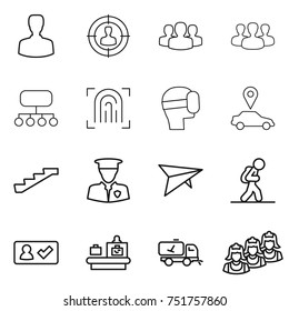thin line icon set : man, target audience, group, structure, fingerprint, virtual mask, car pointer, stairs, security, deltaplane, tourist, check in, baggage checking, home call cleaning, outsource