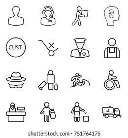 thin line icon set : man, call center, courier, bulb head, customs, do not trolley sign, security, workman, confidential, passenger, surfer, invalid, reception, trash, garbage bin, home cleaning