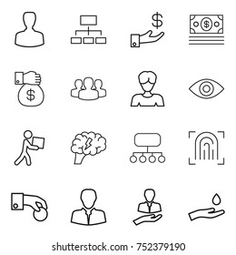 thin line icon set : man, hierarchy, investment, money, gift, group, woman, eye, courier, brain, structure, fingerprint, hand coin, client, and drop