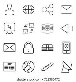 thin line icon set : man, globe, share, mail, monitor arrow, notebook connect, server, left, lock, money, mobile location, invoice, earth, stairs, satellite antenna