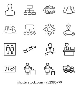 thin line icon set : man, hierarchy, team, group, structure, round around, car pointer, wc, stairs, client, customs control, check in, garbage bin, home call cleaning