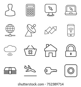 thin line icon set : man, calculator, monitor arrow, notebook, globe connect, satellite antenna, up down, phone wireless, cloud, delete cart, home, lock, money, arrival, key, ring button