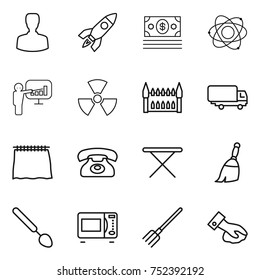 thin line icon set : man, rocket, money, atom, presentation, nuclear, gothic architecture, shipping, curtain, phone, iron board, broom, big spoon, microwave oven, fork, wiping
