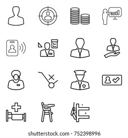 thin line icon set : man, target audience, coin stack, presentation, pass card, architector, client, support manager, do not trolley sign, security, check in, hospital, Chair for babies
