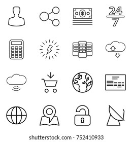 thin line icon set : man, share, money, 24 7, calculator, lightning, server, cloude service, cloud wireless, add to cart, globe, invoice, map, unlocked, satellite antenna
