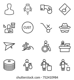 thin line icon set : man, jet robot, hand coin, under construction, architector, customs, do not trolley sign, confidential, deltaplane, surfer, invalid, reception, pancakes, trash, garbage bin