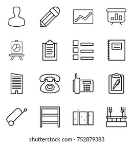 thin line icon set : man, pencil, statistics, presentation, clipboard, list, copybook, skyscraper, phone, pen, suitcase, rack, clean window, skysrcapers cleaning