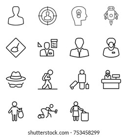 thin line icon set : man, target audience, bulb head, jet robot, under construction, architector, client, support manager, confidential, tourist, passenger, reception, trash, vacuum cleaner