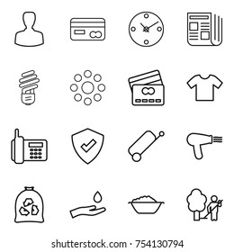 thin line icon set : man, card, clock, newspaper, bulb, round around, credit, t shirt, phone, protected, suitcase, hair dryer, garbage bag, hand and drop, foam basin, garden cleaning