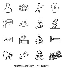 Thin Line Icon Set : Man, Team, Courier, Bulb Head, Presentation, Group, Client, Tourist, Check In, Hospital, Invalid, Bed, Garden Cleaning, Vacuum Cleaner, Outsource