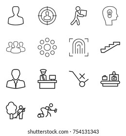thin line icon set : man, target audience, courier, bulb head, group, round around, fingerprint, stairs, client, customs control, do not trolley sign, baggage checking, garden cleaning