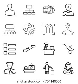 thin line icon set : man, hierarchy, team, woman, structure, round around, fingerprint, car pointer, list, stairs, customs control, do not trolley sign, security, baggage checking, garbage bin