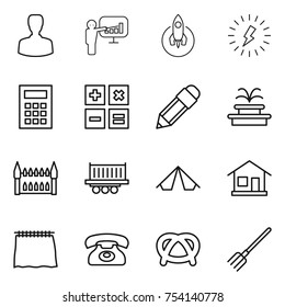 thin line icon set : man, presentation, rocket, lightning, calculator, pencil, fountain, gothic architecture, truck shipping, tent, home, curtain, phone, pretzel, fork