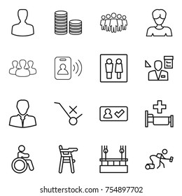 thin line icon set : man, coin stack, team, woman, group, pass card, wc, architector, client, do not trolley sign, check in, hospital, invalid, Chair for babies, skysrcapers cleaning, vacuum cleaner