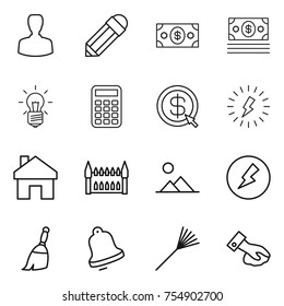 thin line icon set : man, pencil, money, bulb, calculator, dollar arrow, lightning, home, gothic architecture, landscape, electricity, broom, bell, rake, wiping