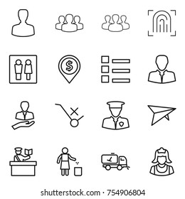 Thin Line Icon Set : Man, Group, Fingerprint, Wc, Dollar Pin, List, Client, Do Not Trolley Sign, Security, Deltaplane, Inspector, Garbage Bin, Home Call Cleaning, Cleaner