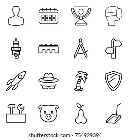 thin line icon set : man, calendar, trophy, virtual mask, spark plug, bridge, draw compass, signpost, rocket, confidential, palm, shield, repair tools, pig, pear, scoop