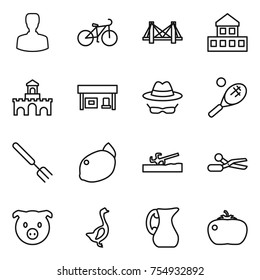 thin line icon set : man, bike, bridge, cottage, fort, gas station, confidential, tennis, big fork, lemon, soil cutter, scissors, pig, goose, jug, tomato
