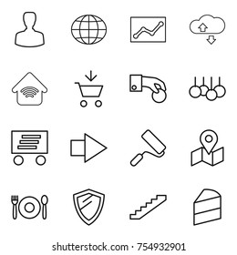 thin line icon set : man, globe, statistics, cloude service, wireless home, add to cart, hand coin, sale, delivery, right arrow, repair, map, cafe, shield, stairs, cake
