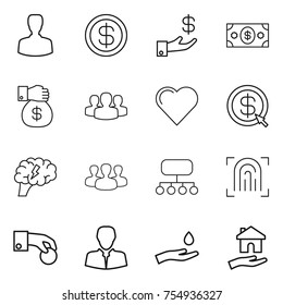 thin line icon set : man, dollar, investment, money, gift, group, heart, arrow, brain, structure, fingerprint, hand coin, client, and drop, housing