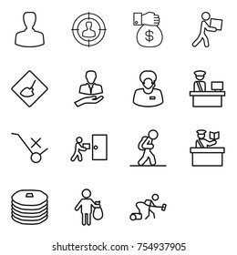 thin line icon set : man, target audience, money gift, courier, under construction, client, support manager, customs control, do not trolley sign, delivery, tourist, inspector, pancakes, trash