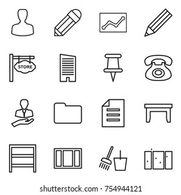 thin line icon set : man, pencil, statistics, store signboard, skyscraper, pin, phone, client, documents, document, table, rack, window, bucket and broom, clean