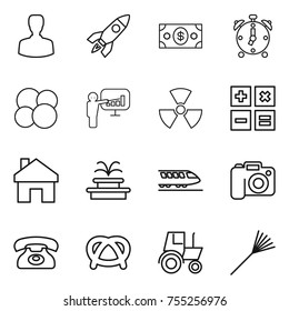 thin line icon set : man, rocket, money, alarm clock, atom core, presentation, nuclear, calculator, home, fountain, train, camera, phone, pretzel, tractor, rake