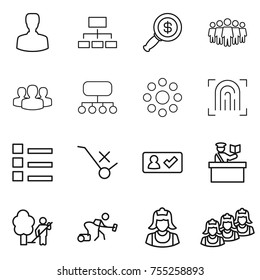 thin line icon set : man, hierarchy, dollar magnifier, team, group, structure, round around, fingerprint, list, do not trolley sign, check in, inspector, garden cleaning, vacuum cleaner, outsource