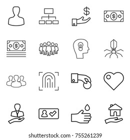 thin line icon set : man, hierarchy, investment, money, team, bulb head, virus, group, fingerprint, hand coin, heart, client, check in, drop, housing