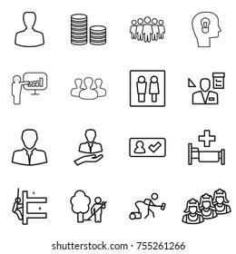 thin line icon set : man, coin stack, team, bulb head, presentation, group, wc, architector, client, check in, hospital, skyscrapers cleaning, garden, vacuum cleaner, outsource