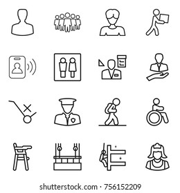 Thin line icon set : man, team, woman, courier, pass card, wc, architector, client, do not trolley sign, security, tourist, invalid, Chair for babies, skysrcapers cleaning, skyscrapers, cleaner