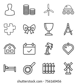 Thin line icon set : man, coin stack, windmill, lunar rover, puzzle, bow, wineglass, draw compass, house, terms, palm, heart pendant, bed, pan, fence