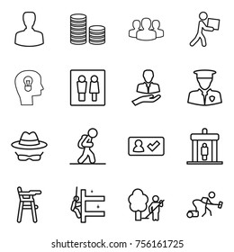 Thin line icon set : man, coin stack, group, courier, bulb head, wc, client, security, confidential, tourist, check in, detector, Chair for babies, skyscrapers cleaning, garden, vacuum cleaner