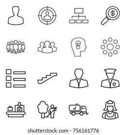 Thin line icon set : man, target audience, hierarchy, dollar magnifier, team, group, bulb head, round around, list, stairs, client, security, baggage checking, garden cleaning, home call, cleaner