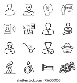 Thin line icon set : man, woman, bulb head, presentation, pass card, architector, client, support manager, do not trolley sign, security, confidential, tourist, invalid, bed, outsource